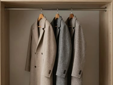A minimalist wardrobe closet showing only three perfectly tailored neutral coats hanging on wooden hangers, generous empty space around them.