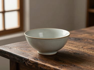 A single ceramic bowl sitting on a rustic dark oak table, warm natural light coming from a window on the left, clean background.