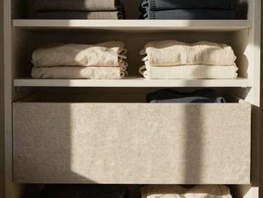 A close-up architectural straight-on shot of a perfectly curated closet drawer. Soft linen textures and warm directional afternoon sunlight casting delicate shadows across folded neutral garments.