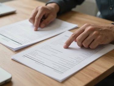 Close-up of hands reviewing physical balance sheets and financial reports on a clean wooden desk, soft side lighting