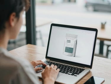 Over-the-shoulder view of a person working on a laptop in a bright, natural window-lit cafe, showing a product packaging on the table, cool tones.