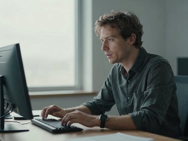 Medium environmental portrait of the founder at a desk, looking engaged with a digital content creation tool on screen, natural light, cool tones.