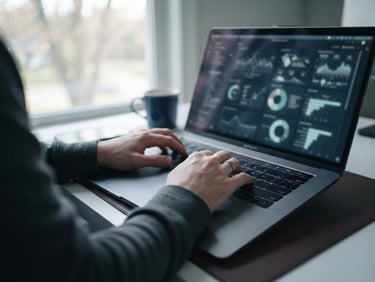Close-up of hands typing on a laptop keyboard, screen showing clean analytical dashboard, natural window light, subtle screen glow, cool desaturated tones, shallow depth of field, over-the-shoulder view.