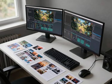 Wide studio desk environment shot from above, two monitors showing game development software mid-session, scattered printed mood board sheets, a mechanical keyboard, side-lit by natural window light from the left, no people visible