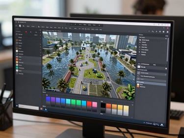 Close-up of a game development monitor screen mid-work, showing a flooded plaza level editor with water shader nodes visible in the sidebar, overhead studio daylight, printed color reference cards taped to the monitor bezel, no team members visible