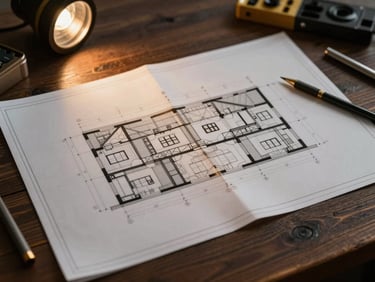 Close-up of detailed structural blueprints on a dark wooden table, warm architectural task lighting, drafting tools, 35mm