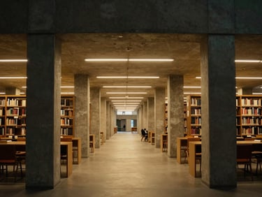 Symmetric architectural interior of a modern university library, concrete pillars, warm gold-toned lighting, quiet study spaces, 35mm