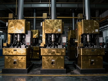 Clean industrial manufacturing floor, heavy machinery in sharp focus, low-key dramatic lighting, metallic highlights, no people, 35mm