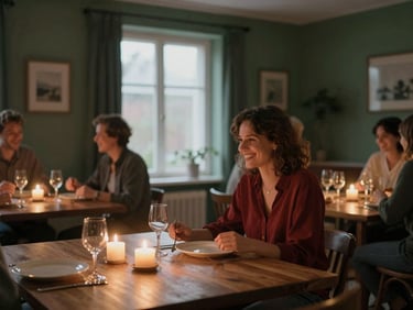 Cozy Scandinavian-style dining room at dusk, warm candlelight glowing on wooden tables, guests laughing softly in soft focus, 35mm.