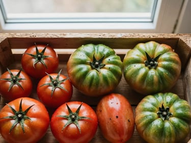 Overhead flat-lay of freshly harvested heirloom tomatoes in a wooden crate, soil still clinging to stems, soft overcast daylight.