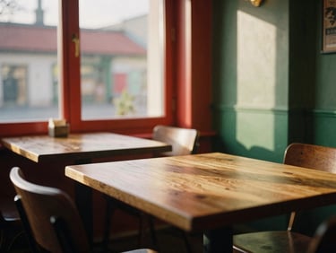 Scandinavian-style restaurant interior, empty wooden tables at golden hour, warm window light casting long shadows, 35mm editorial.