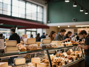 A bustling modern indoor food market, artisanal cheese and bread displays, warm ambient lighting, shallow depth of field.