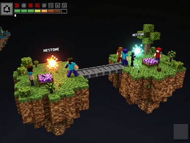 Wide in-game Minecraft Bedwars screenshot, two teams fighting on separate floating islands connected by bridges, beds visible at each base, player nameplates above characters, neon wool colors and TNT in play, full HUD visible, high-contrast game lighting unretouched