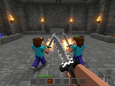 Minecraft PvP arena screenshot from player perspective, two players clashing with iron swords in a stone coliseum arena, particles from combat visible, health bars low on both sides, dramatic torch lighting on stone walls, full game HUD visible, unretouched in-game screenshot