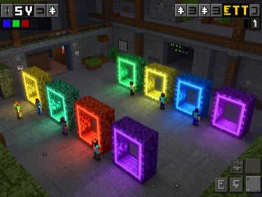Overhead wide Minecraft server lobby screenshot, multiple portals glowing in different colors lined up across a large spawn plaza, player characters visible waiting near each portal entrance, full server count displayed in HUD, game lighting unretouched