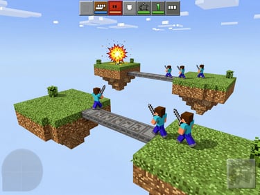 Wide Minecraft Bedwars match screenshot, four floating wool-colored islands connected by bridges mid-combat, players sprinting with swords, explosions from TNT visible, game HUD with bed icons and score visible at top, bright daytime sky, unretouched in-game screenshot