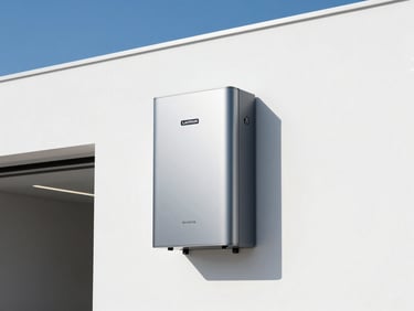 Sleek modern wall-mounted lithium battery storage system in a clean minimalist garage, architectural lighting, metallic finish, technical authority