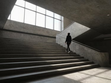 Panoramic architectural interior of a modernist staircase, diffused morning window light casting long soft shadows across polished concrete steps, a single figure pausing mid-ascent with hand on a steel rail, wide environmental framing from below