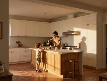 Wide kitchen interior at golden hour, a family at a large island — one parent pouring coffee, a child leaning on the counter looking up, warm amber light pooling across white oak cabinetry and terracotta tile, shot through the adjacent hallway framing the scene naturally