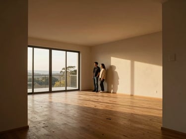 Wide interior living room bathed in late-afternoon golden hour light streaming through floor-to-ceiling windows, a couple standing together at the far wall looking out, warm amber tones washing across pale plaster walls and a raw timber floor, shot from the room's entrance through a doorway frame