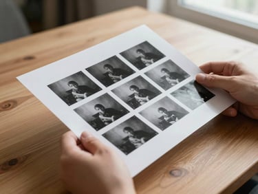 Hands holding a printed contact sheet of black and white photographs over a wooden table, natural diffused north-facing window light, close study of fingers and paper texture, no faces visible