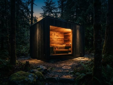 Low-key dramatic architectural shot of a modern black-clad outdoor sauna nestled in a Pacific Northwest forest at twilight, warm golden light glowing from the window, 35mm lens.