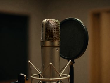 Close-up shot inside a luxury recording studio vocal booth, focused on a Neumann microphone, low-key gold accent lighting, deep matte black shadows, warm amber glow, shallow depth of field, 35mm film grain.