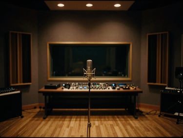 Wide atmospheric shot of a luxury recording studio live room, low-key gold accent lighting, deep matte black shadows, warm amber glow, shallow depth of field, 35mm film grain, empty with a single vintage microphone.