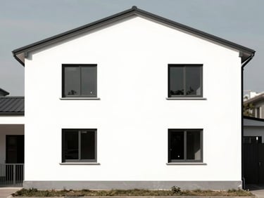 Side elevation architectural line drawing of a 2-story duplex building showing wall height, window positions, and roofline, black lines on white, precise orthographic view, no people