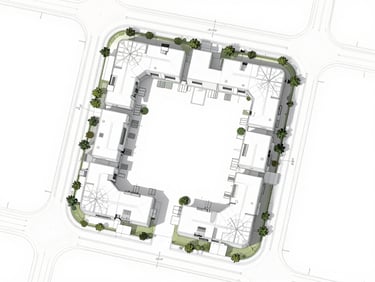 Overhead orthographic site plan drawing of a residential lot showing building footprint, driveway, property lines, and adjacent street, neutral white background, precise linework, no people