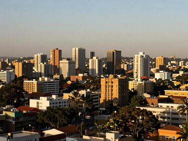 Panoramic view of Nairobi's urban landscape, infrastructure development, natural shadows, wide-angle lens.