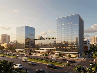 Render of a new commercial hub in Nairobi, sleek glass facades, bustling urban environment, architectural wide-angle lens.