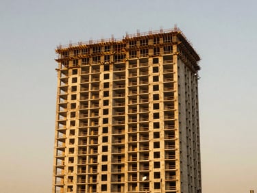 Modern high-rise residential building under construction in Lagos, architectural photography, golden hour, 35mm.