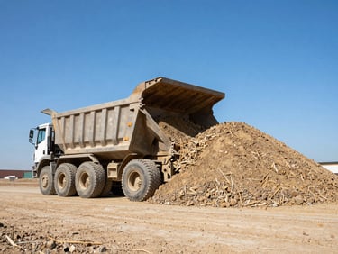 A heavy dump truck hauling aggregate under a clear blue sky, low angle, industrial aesthetic.