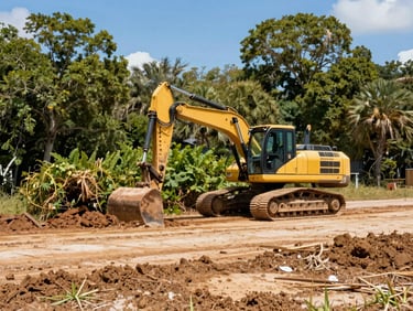 Heavy machinery clearing brush and trees from a Florida lot, bright sun, vibrant earth tones.