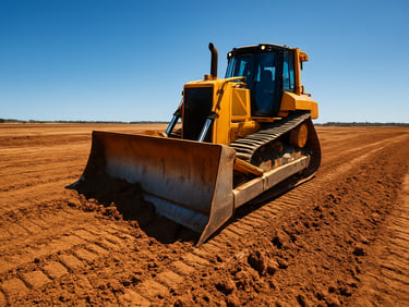 A bulldozer leveling dirt on a large commercial site, harsh daylight, high contrast, wide angle.