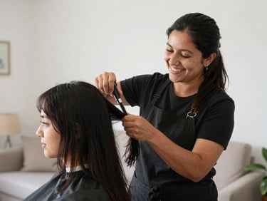 Peluquera local sonriendo mientras corta el cabello a una clienta en su casa, luz natural, enfoque nítido, ambiente hogareño.