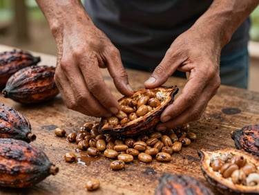 Hands sorting raw cacao pods split open on a wooden surface at an origin facility, natural daylight, wet bean texture in sharp focus, documentary framing