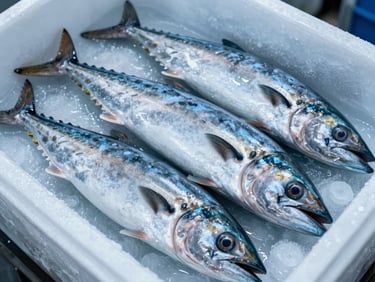 Close overhead shot of frozen mahi-mahi fillets packed in a cold storage tray, frost visible on the surface, cool blue-white warehouse lighting, product quality detail focus