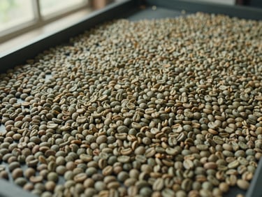 Overhead shot of green and roasted coffee beans spread across a sorting table at a Caribbean origin facility, natural daylight from a high window, grain texture clearly visible