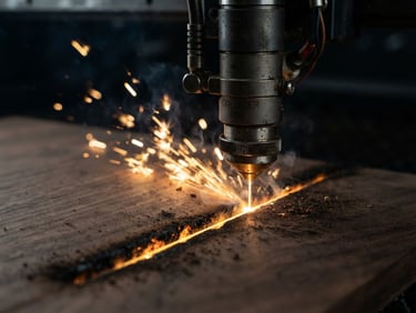 Extreme close-up of a CO2 laser cutter head emitting a sharp gold laser beam cutting dark walnut wood, bright sparks flying, dark workshop background, dramatic lighting, macro focus