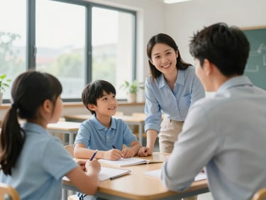 Bright documentary photography of a parent and child speaking with a smiling teacher inside a modern school office, natural daylight streaming through a large window, warm and welcoming atmosphere, 35mm lens.