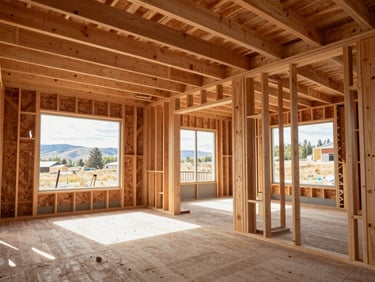 Wide interior view of a custom home under active construction in Colorado, exposed framing and engineered lumber showing precise layout, natural daylight flooding through rough window openings