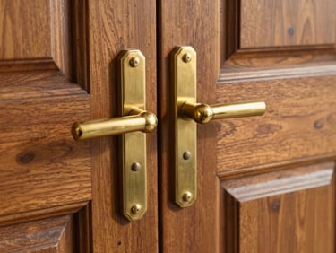 Close-up of solid brass door hardware on a custom-built wooden entry door, warm afternoon light catching the lever detail and mortise plate, rich wood grain visible around the fitting
