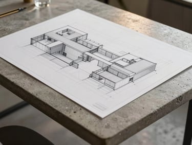 Minimalist architectural blueprint overlay on a concrete table, soft warm side light, clean lines
