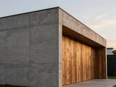 Straight-on architectural elevation of a raw concrete wall transitioning to warm oak panels, soft low-angle twilight lighting highlighting the seamless joint, high-end residential Surco