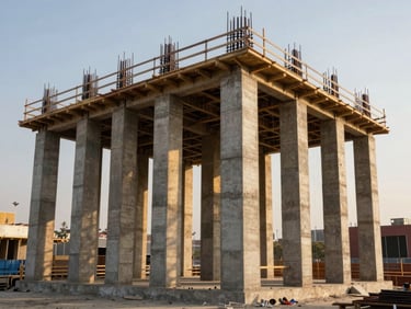 Architectural construction site with clean concrete pour and structural steel columns, warm golden hour light, Surco Lima