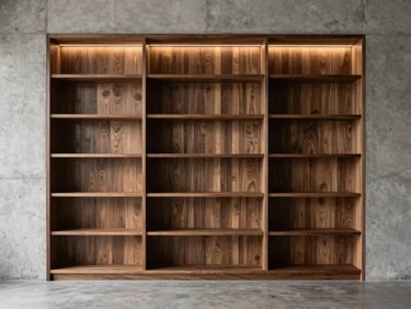 Straight-on architectural elevation of a custom floor-to-ceiling walnut library integrated into a raw concrete wall, warm LED strip lighting recessed into the shelves.