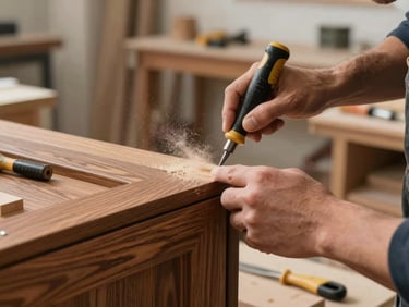 A close-up of a master carpenter hand-finishing a dark oak cabinet door in a clean, modern workshop, soft side lighting highlighting wood dust and precision tools.