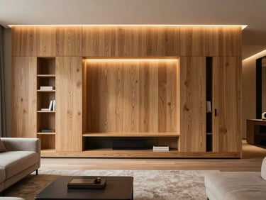 Luxury living room interior with custom-fabricated oak millwork, warm integrated LED lighting, minimalist furniture